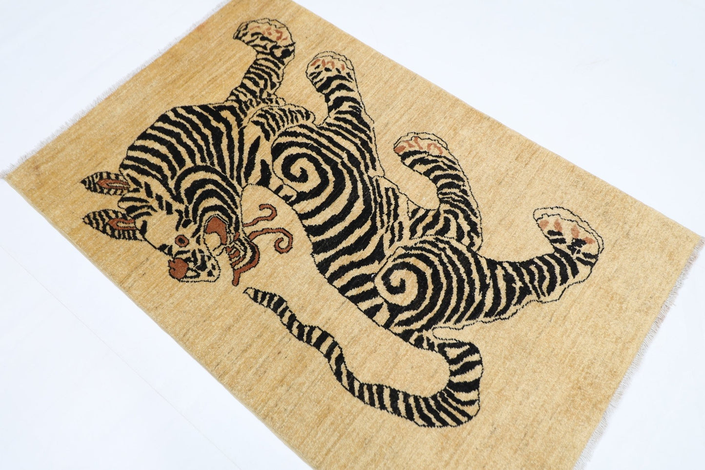 99 x 151 cm | Tiger Beige Oriental Area Rug Afghan Hand Knotted Veg Dye Wool carpet - ART WOOL CARPET
