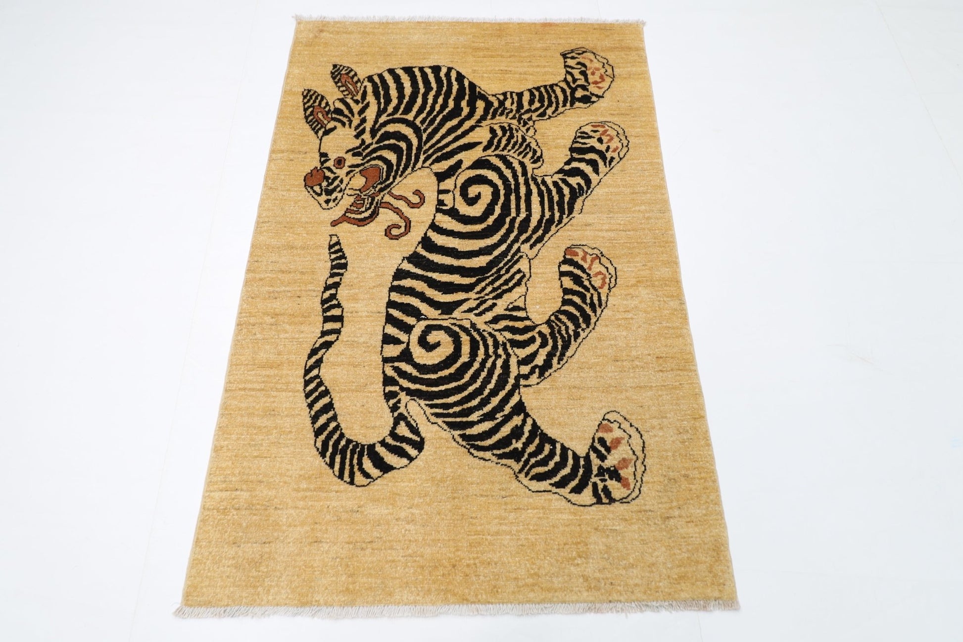 99 x 151 cm | Tiger Beige Oriental Area Rug Afghan Hand Knotted Veg Dye Wool carpet - ART WOOL CARPET