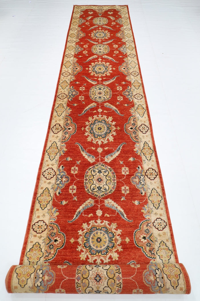 99 x 573 cm | Tribal Orange Large Runner Rug Afghan Hand Knotted veg Dye Wool carpet