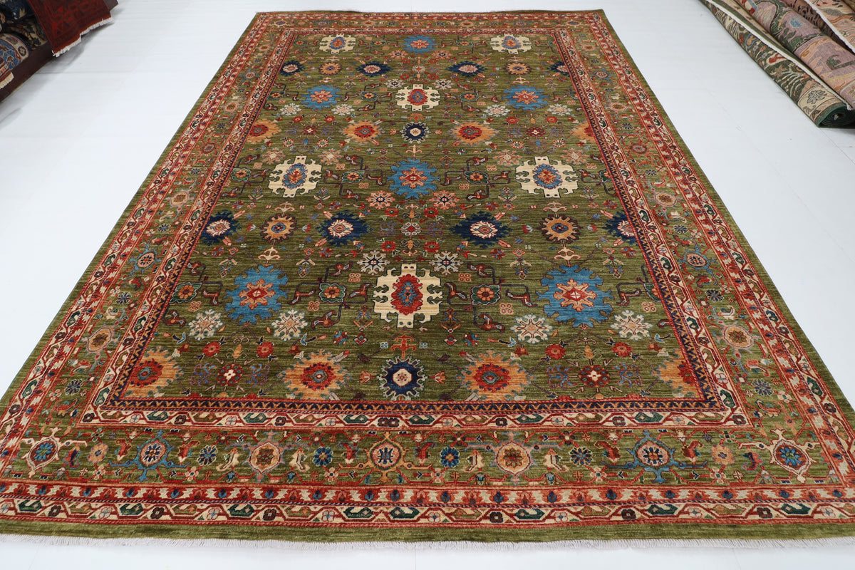 268 x 359 cm | Green Area Rug Afghan Hand Knotted Veg Dye Wool carpet