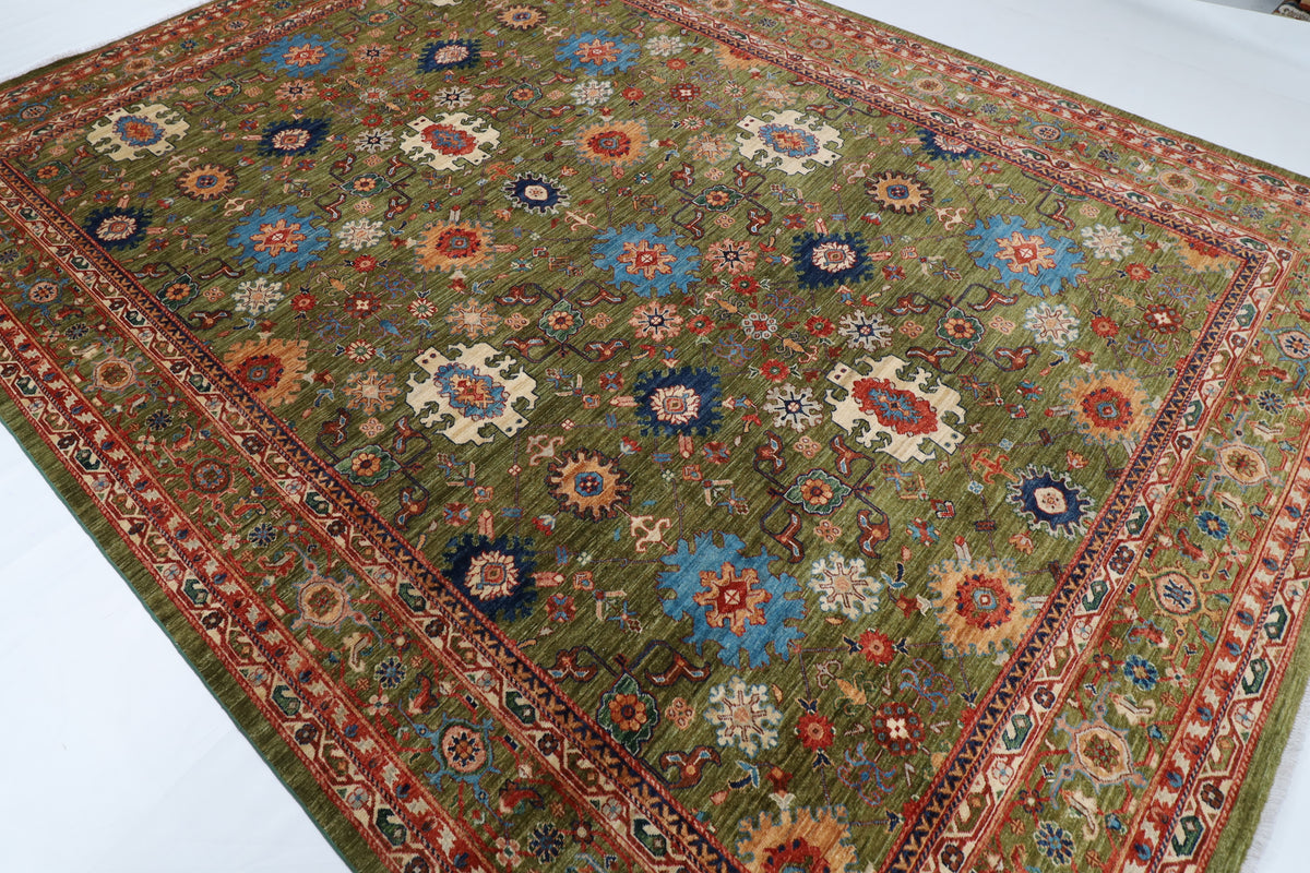 268 x 359 cm | Green Area Rug Afghan Hand Knotted Veg Dye Wool carpet