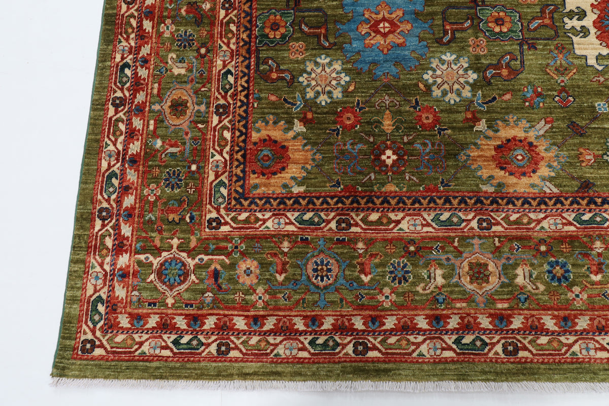 268 x 359 cm | Green Area Rug Afghan Hand Knotted Veg Dye Wool carpet