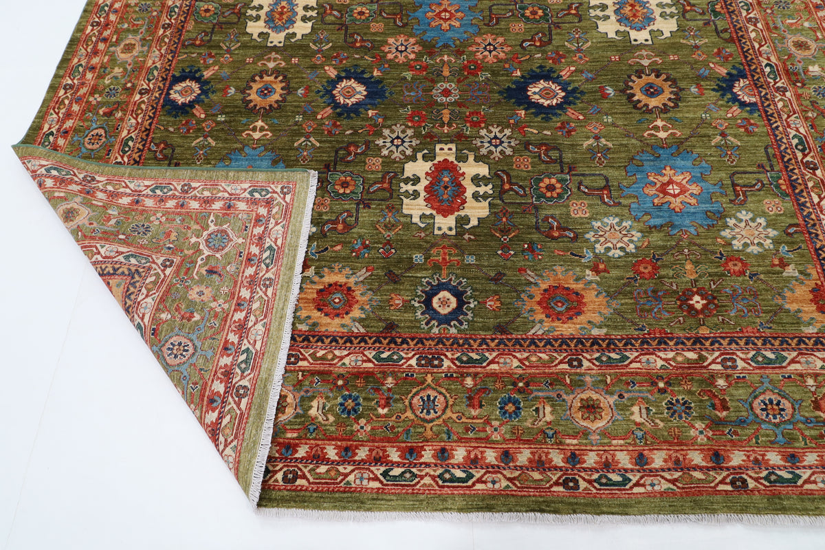 268 x 359 cm | Green Area Rug Afghan Hand Knotted Veg Dye Wool carpet