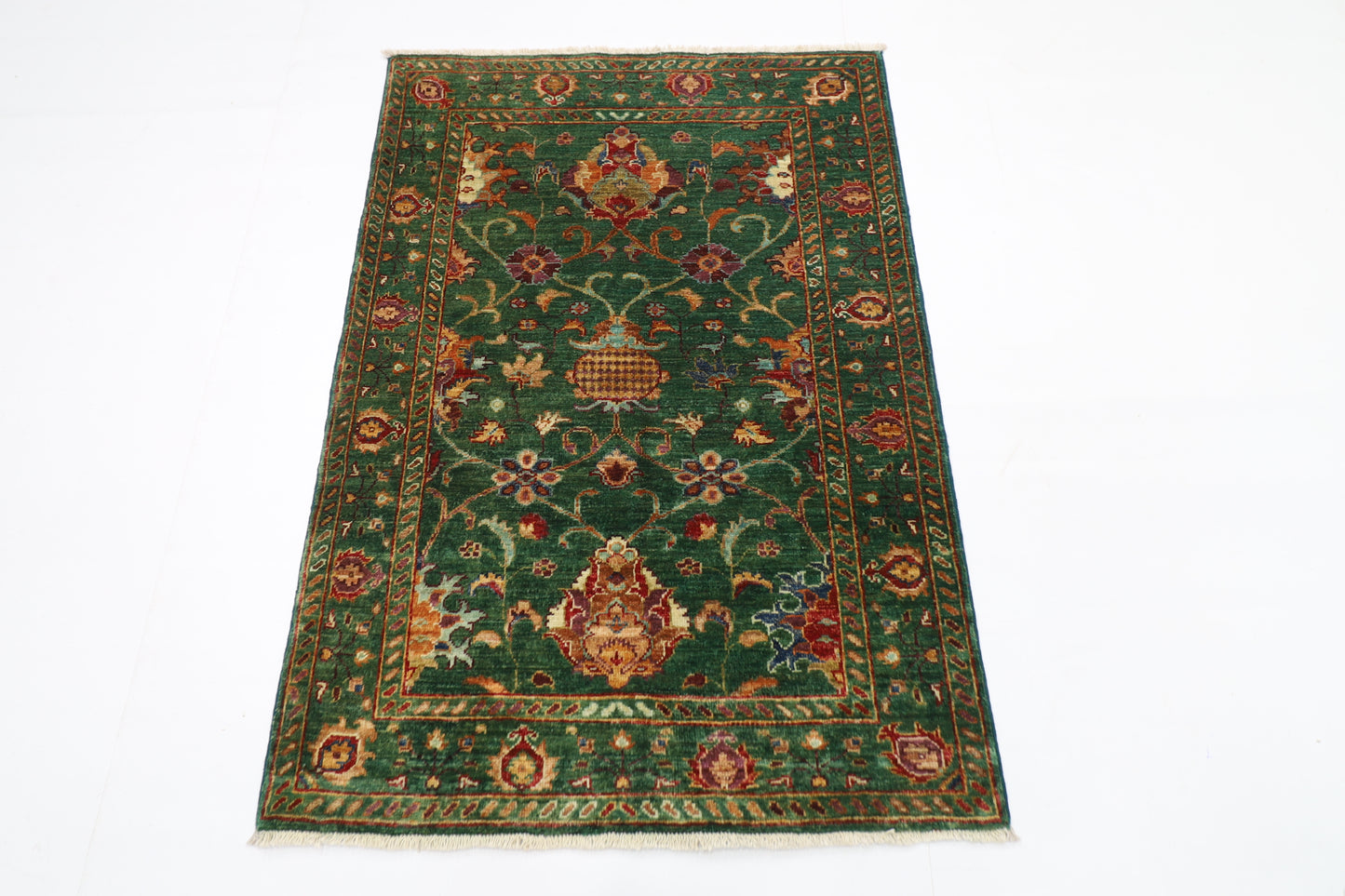 88 x 128 cm | Sultani Green Afghan Tribal Hand Knotted Carpet