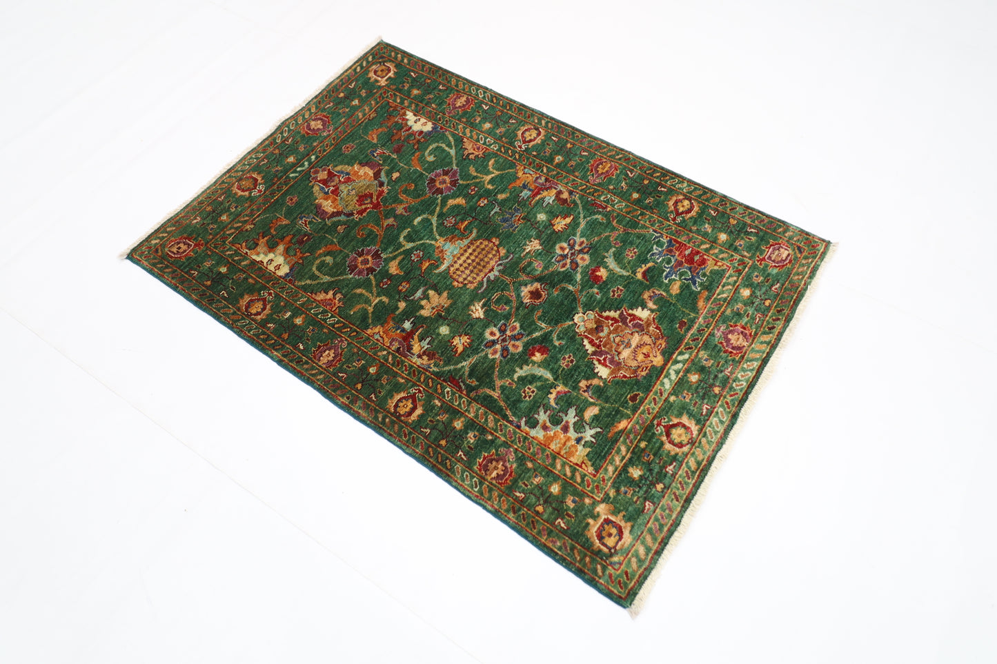 88 x 128 cm | Sultani Green Afghan Tribal Hand Knotted Carpet