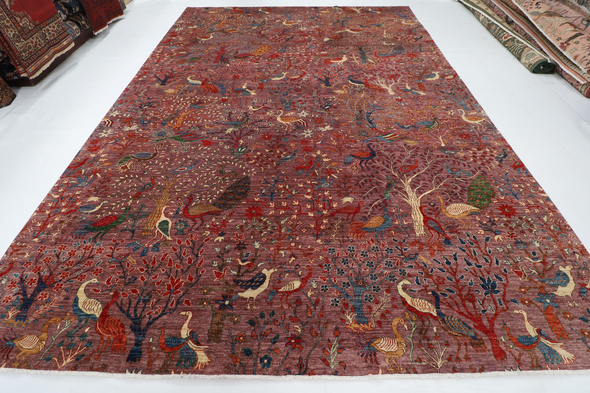 302 x 424 cm | Pink Birds Area Rug Afghan Hand Knotted Veg Dye Wool carpet