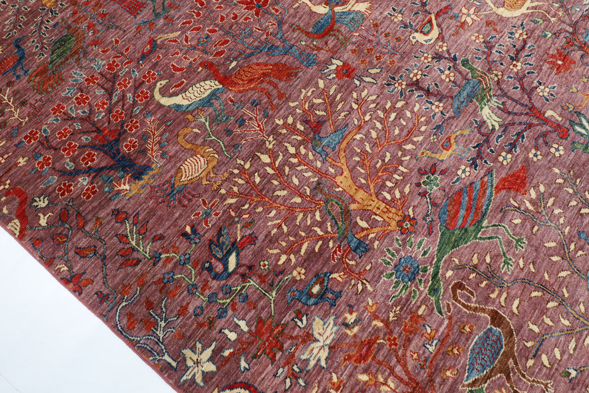 302 x 424 cm | Pink Birds Area Rug Afghan Hand Knotted Veg Dye Wool carpet
