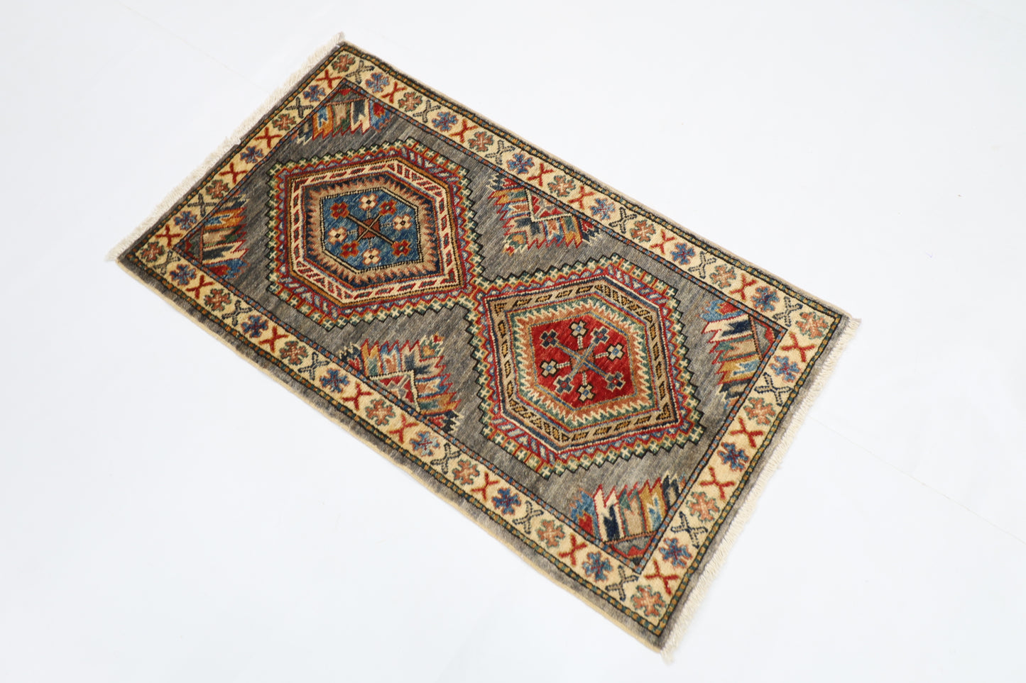 58 x 103 cm | Tribal Kazak gray Accent Rug Afghan Hand Knotted veg Dye Wool carpet