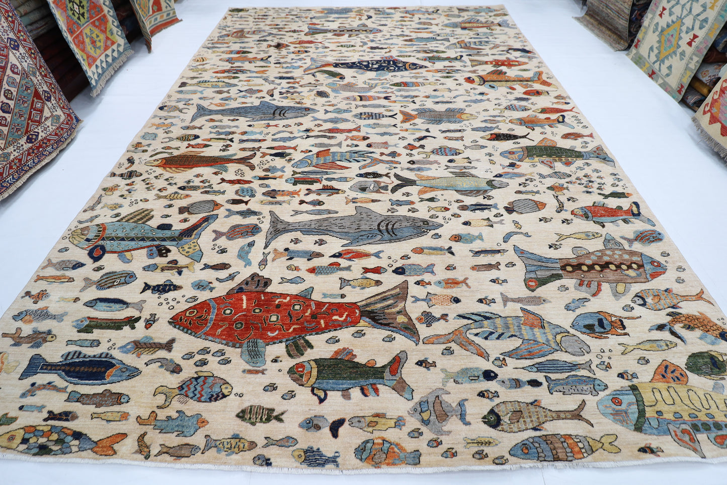 300 x 426 cm | Fish Beige Area Rug Afghan Hand Knotted veg Dye Wool carpet
