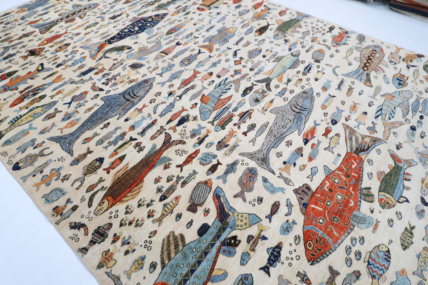300 x 426 cm | Fish Beige Area Rug Afghan Hand Knotted veg Dye Wool carpet