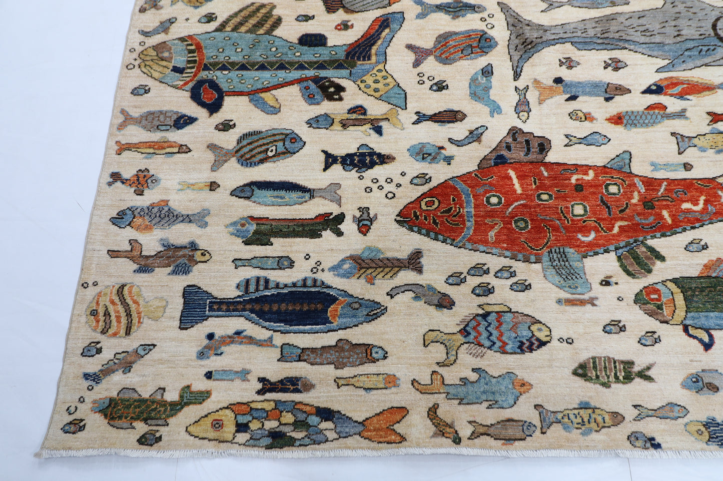 300 x 426 cm | Fish Beige Area Rug Afghan Hand Knotted veg Dye Wool carpet