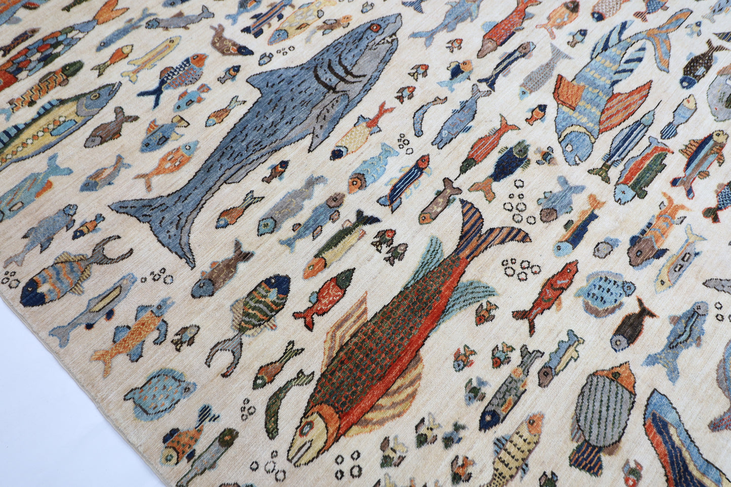 300 x 426 cm | Fish Beige Area Rug Afghan Hand Knotted veg Dye Wool carpet
