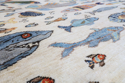 300 x 426 cm | Fish Beige Area Rug Afghan Hand Knotted veg Dye Wool carpet