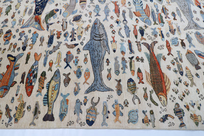300 x 426 cm | Fish Beige Area Rug Afghan Hand Knotted veg Dye Wool carpet