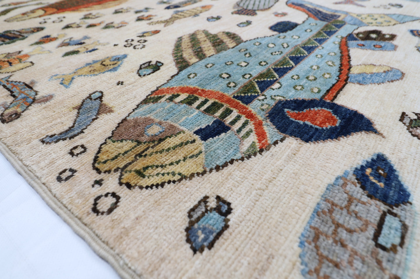 300 x 426 cm | Fish Beige Area Rug Afghan Hand Knotted veg Dye Wool carpet