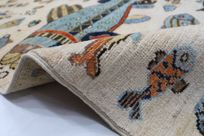 300 x 426 cm | Fish Beige Area Rug Afghan Hand Knotted veg Dye Wool carpet