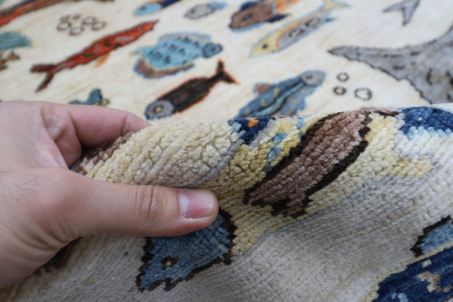 300 x 426 cm | Fish Beige Area Rug Afghan Hand Knotted veg Dye Wool carpet