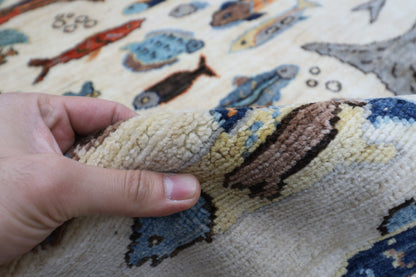 300 x 426 cm | Fish Beige Area Rug Afghan Hand Knotted veg Dye Wool carpet