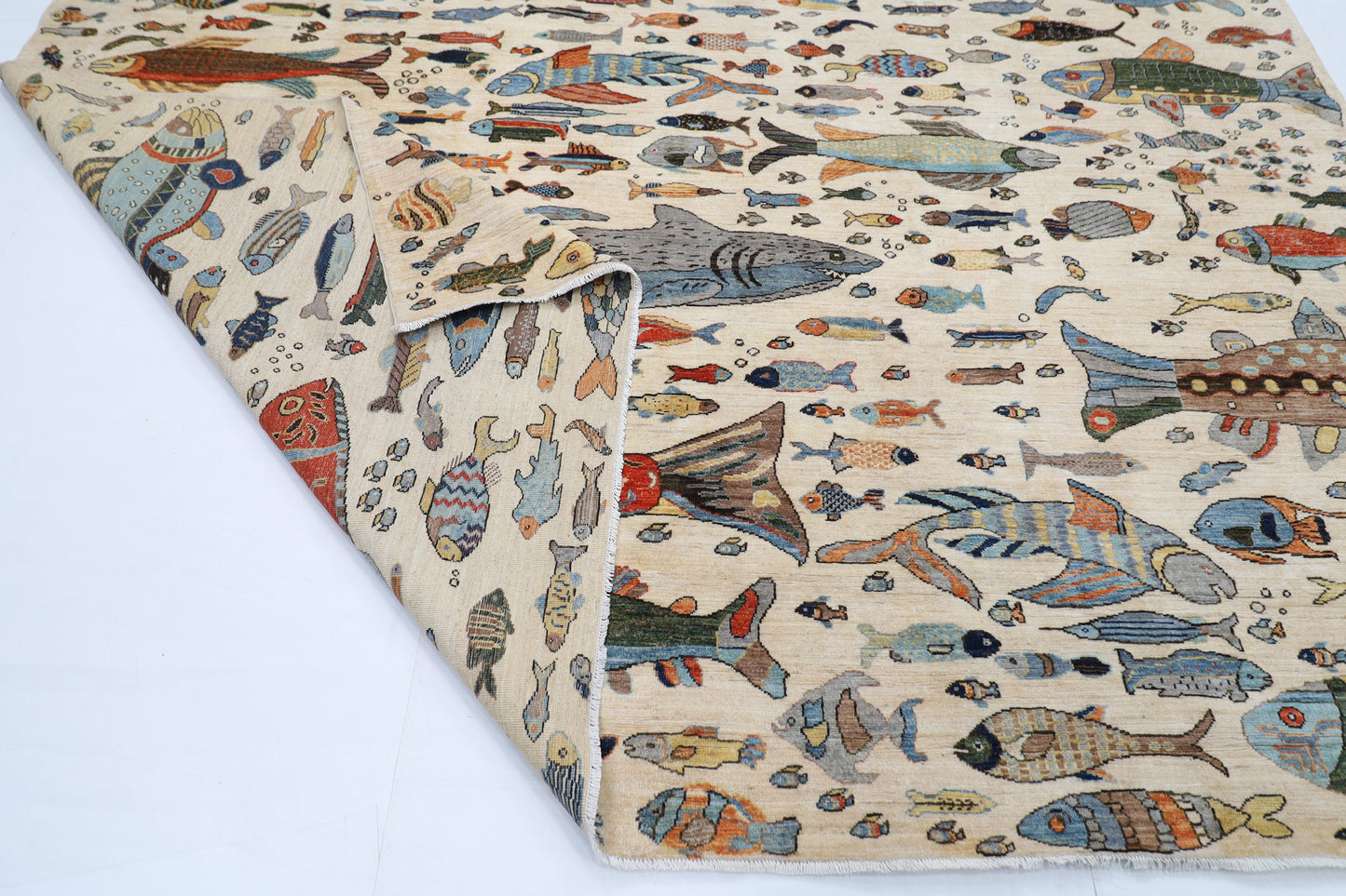300 x 426 cm | Fish Beige Area Rug Afghan Hand Knotted veg Dye Wool carpet