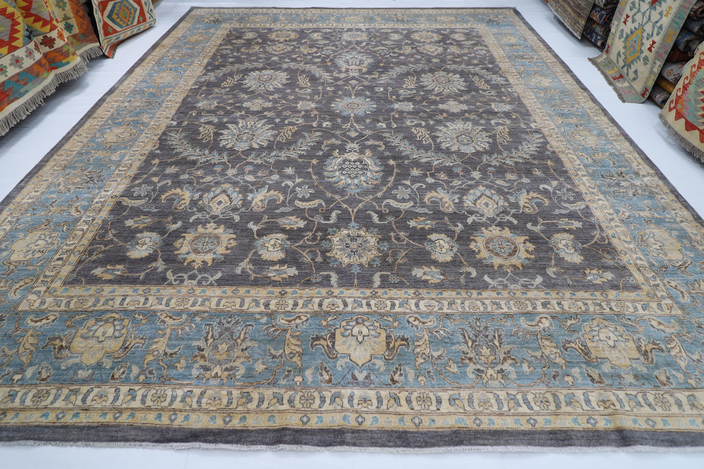 367 x 448 cm | Large Size Tribal Gray Area Rug Afghan Hand Knotted veg Dye Wool carpet