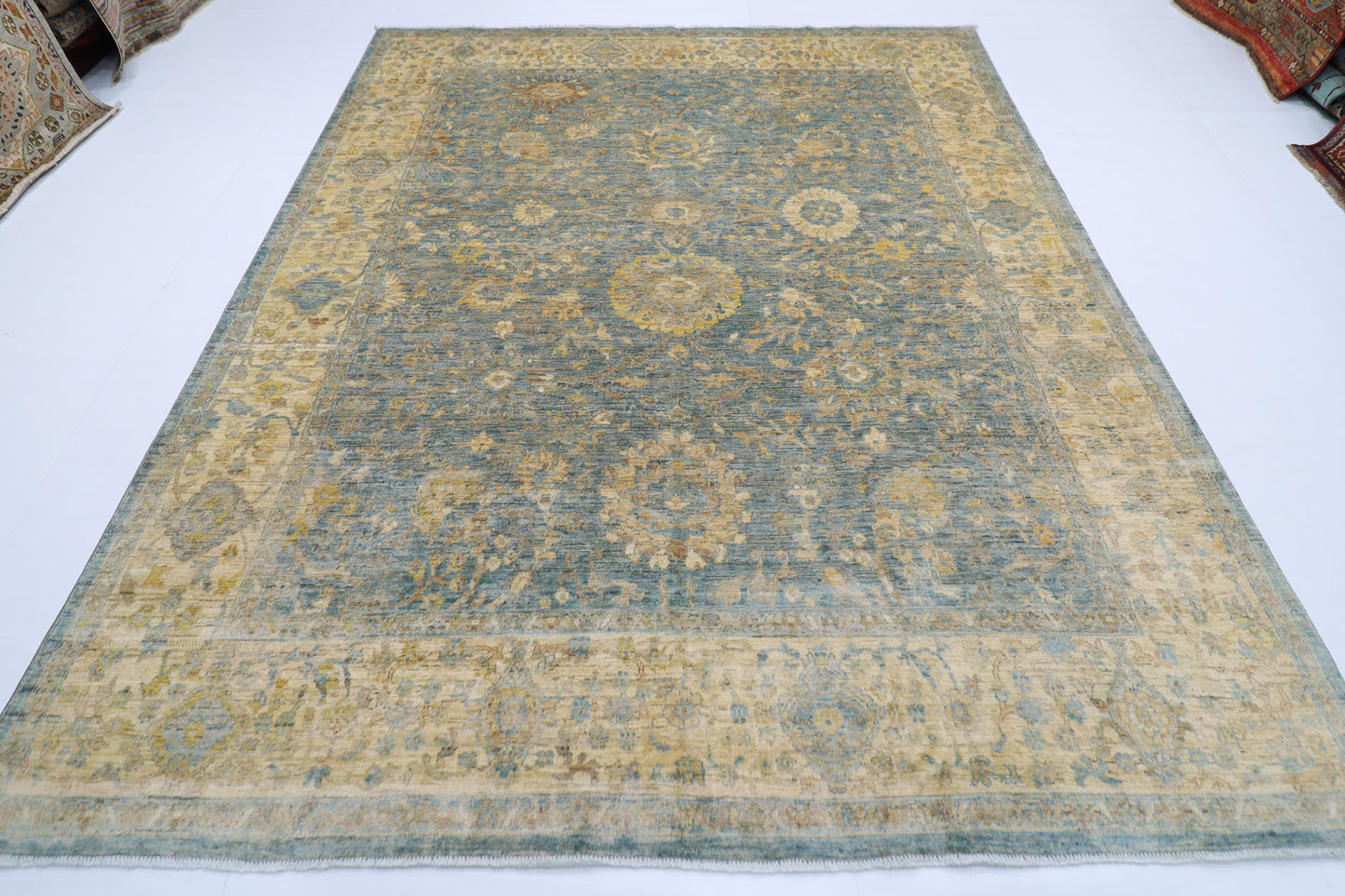 240 x 298 cm | Blue Floral Afghan Tribal Hand Knotted Wool Carpet