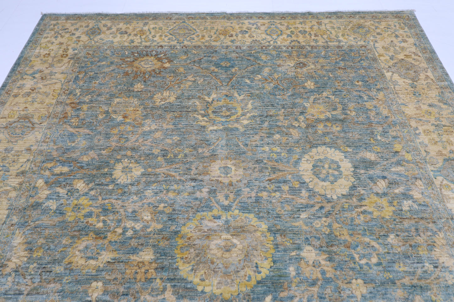 240 x 298 cm | Blue Floral Afghan Tribal Hand Knotted Wool Carpet