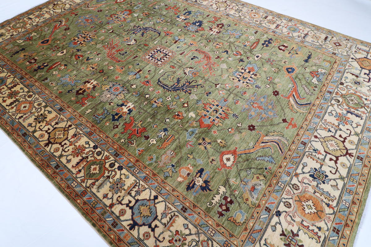270 x 366 cm | Green Tribal Afghan Veg Dye Wool carpet