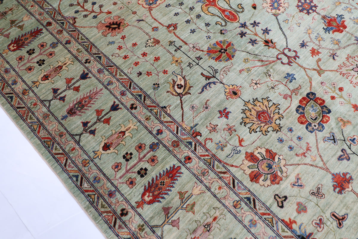 298 x 397 cm | Green Sultani Afghan Veg Dye Wool carpet