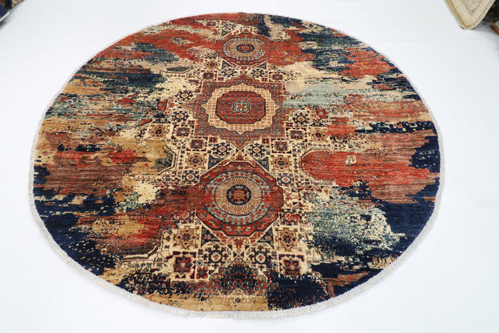 250 x 245 cm | Oriental Abstract Round Rug Afghan Hand Knotted Veg Dye Wool carpet
