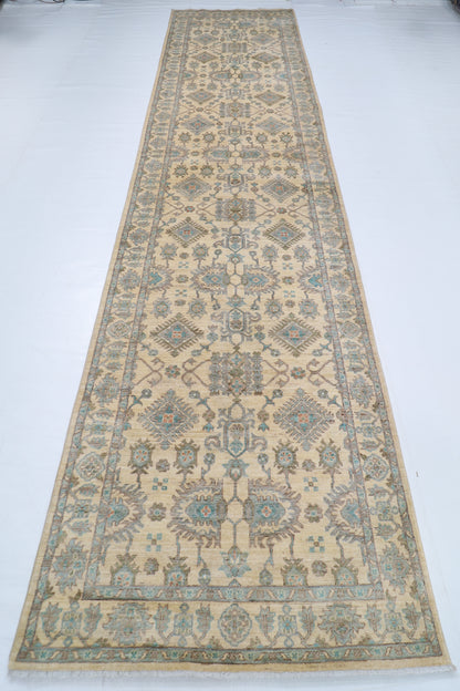 121 x 477 cm | Floral Beige Runner Rug Afghan Hand Knotted veg Dye Wool carpet