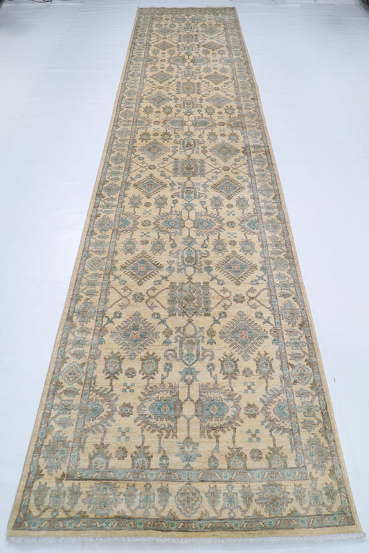 121 x 477 cm | Floral Beige Runner Rug Afghan Hand Knotted veg Dye Wool carpet