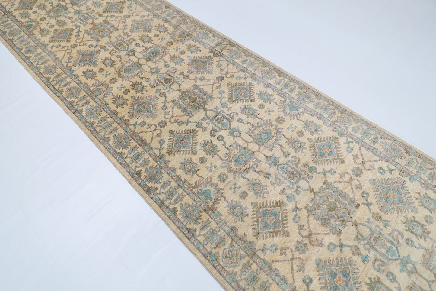 121 x 477 cm | Floral Beige Runner Rug Afghan Hand Knotted veg Dye Wool carpet