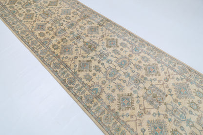 121 x 477 cm | Floral Beige Runner Rug Afghan Hand Knotted veg Dye Wool carpet