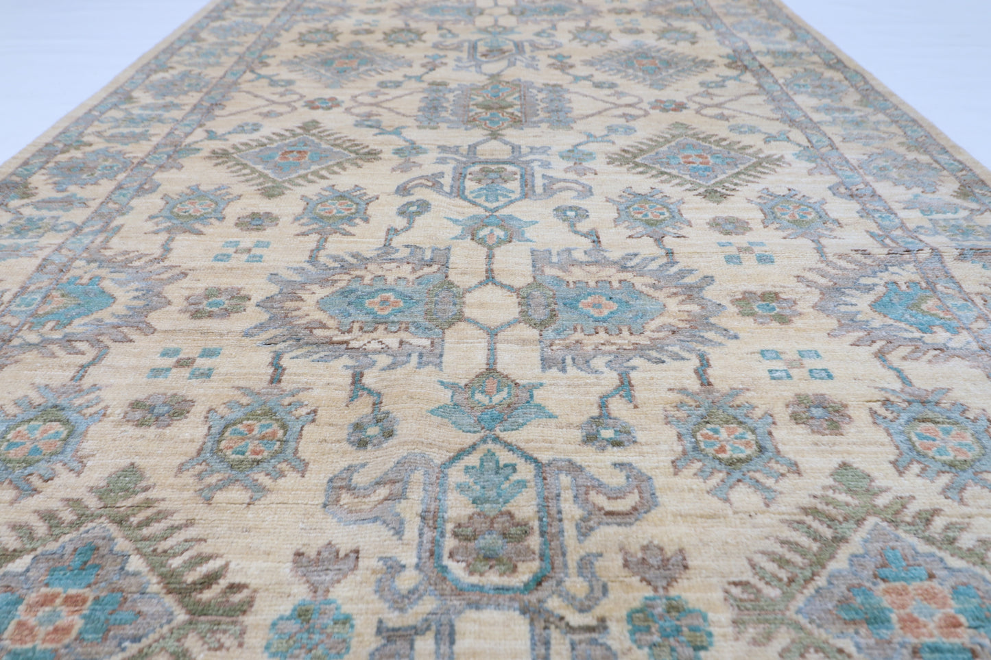 121 x 477 cm | Floral Beige Runner Rug Afghan Hand Knotted veg Dye Wool carpet