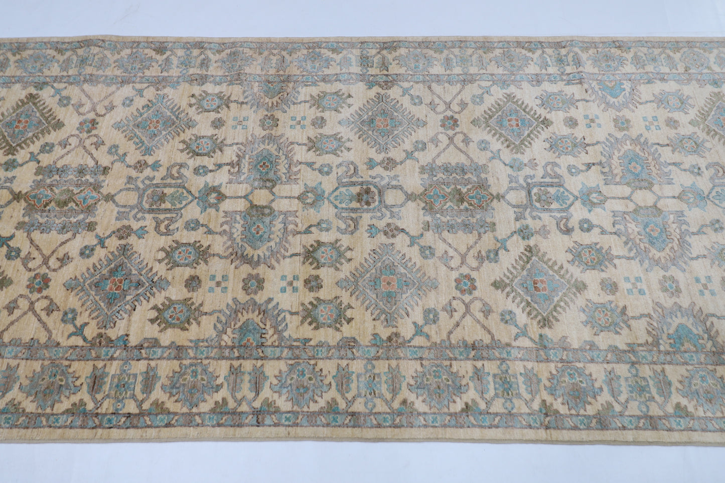 121 x 477 cm | Floral Beige Runner Rug Afghan Hand Knotted veg Dye Wool carpet