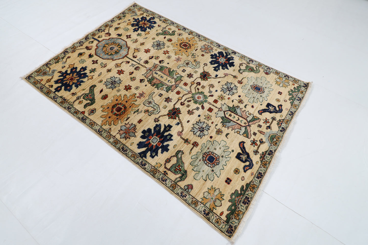 126 x 182 cm | Floral Beige Area Rug Afghan Hand Knotted veg Dye Wool carpet