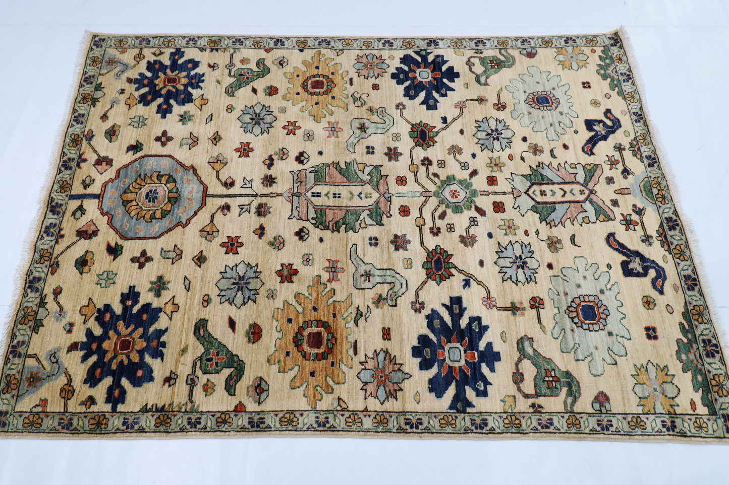 126 x 182 cm | Floral Beige Area Rug Afghan Hand Knotted veg Dye Wool carpet