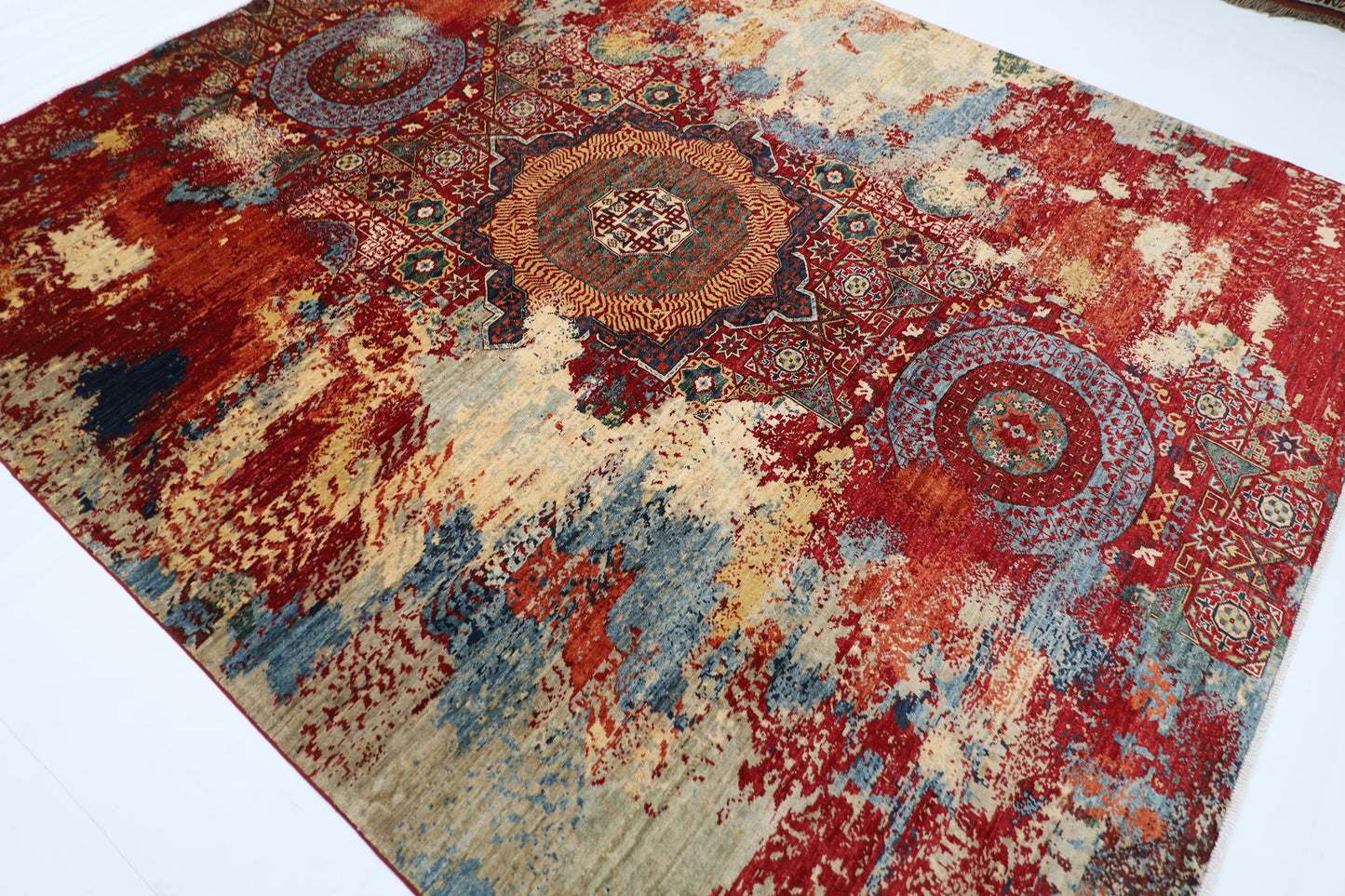 247 x 298 cm | Abstract Mamluk Oriental Area Rug Afghan Tribal Hand Knotted veg Dye Wool Carpet