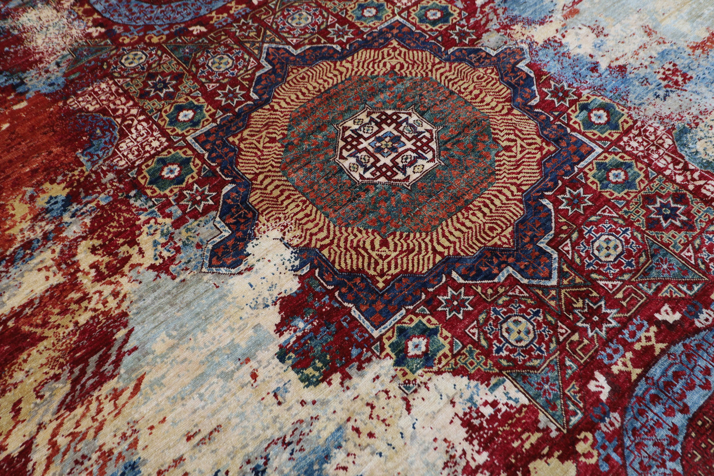 247 x 298 cm | Abstract Mamluk Oriental Area Rug Afghan Tribal Hand Knotted veg Dye Wool Carpet