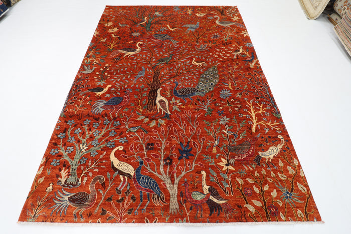 187 x 264 cm | Oriental Birds Orange Rug Afghan Hand Knotted Veg Dye Wool carpet