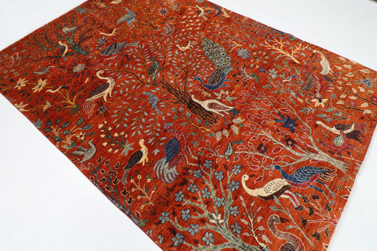 187 x 264 cm | Oriental Birds Orange Rug Afghan Hand Knotted Veg Dye Wool carpet