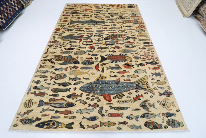 200 x 298 cm | Oriental Fish Beige Area Rug Afghan Hand Knotted Veg Dye Wool carpet