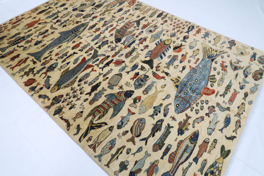 200 x 298 cm | Oriental Fish Beige Area Rug Afghan Hand Knotted Veg Dye Wool carpet