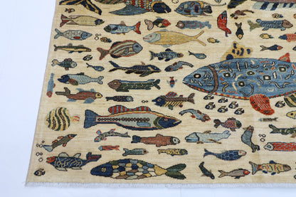 200 x 298 cm | Oriental Fish Beige Area Rug Afghan Hand Knotted Veg Dye Wool carpet