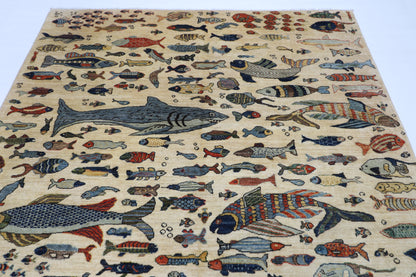 200 x 298 cm | Oriental Fish Beige Area Rug Afghan Hand Knotted Veg Dye Wool carpet