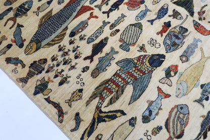 200 x 298 cm | Oriental Fish Beige Area Rug Afghan Hand Knotted Veg Dye Wool carpet