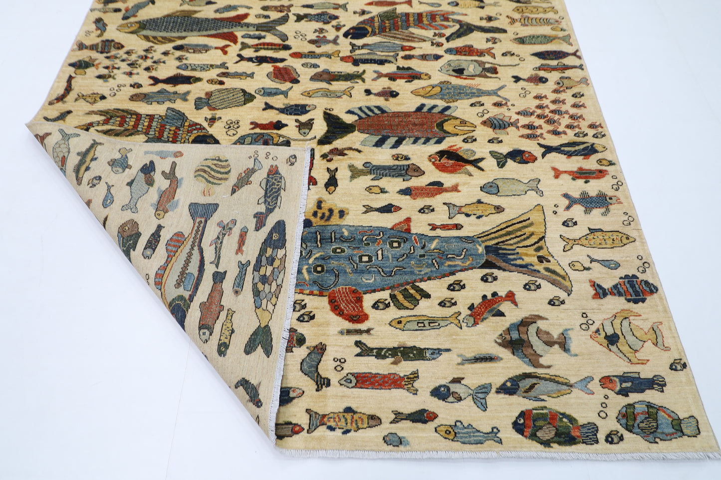 200 x 298 cm | Oriental Fish Beige Area Rug Afghan Hand Knotted Veg Dye Wool carpet