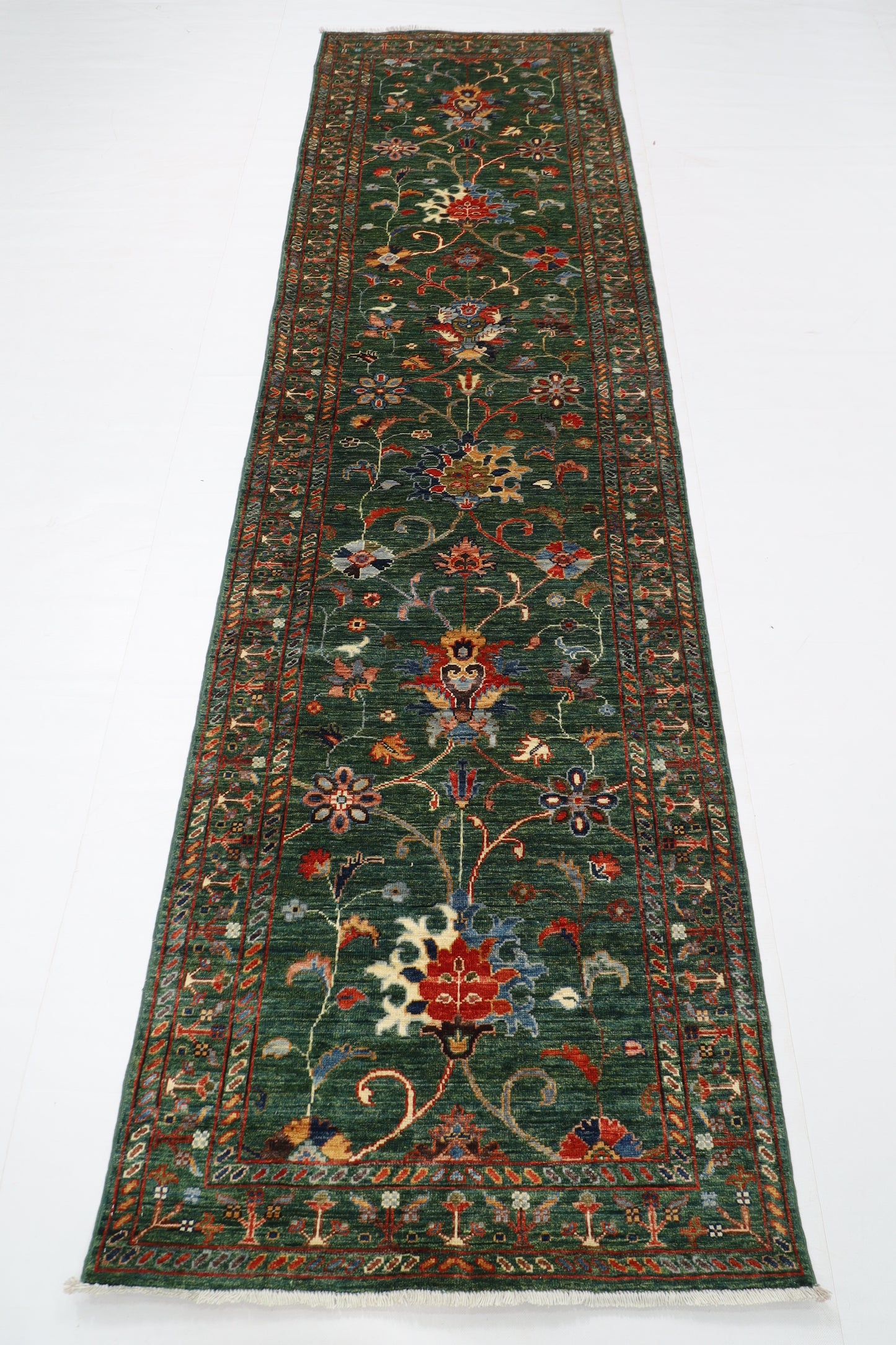 83 x 295 cm | Tribal Green Runner Rug Afghan Hand Knotted veg Dye Wool carpet