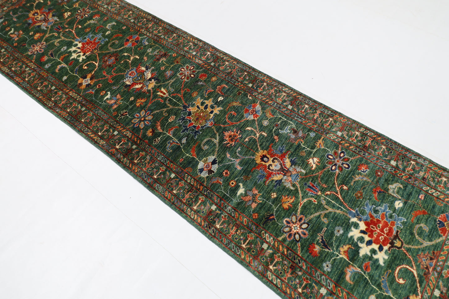 83 x 295 cm | Tribal Green Runner Rug Afghan Hand Knotted veg Dye Wool carpet