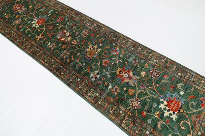 83 x 295 cm | Tribal Green Runner Rug Afghan Hand Knotted veg Dye Wool carpet